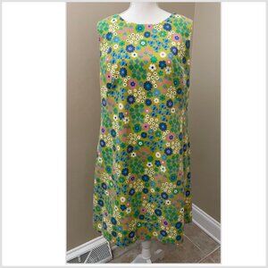 Vintage 1960s Handmade Floral Shift Dress Green & Blue Sleeveless Size M